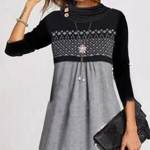 Tendency Gray Long Sleeve Geometric Print  Winter Fall Turtleneck Dress Size L